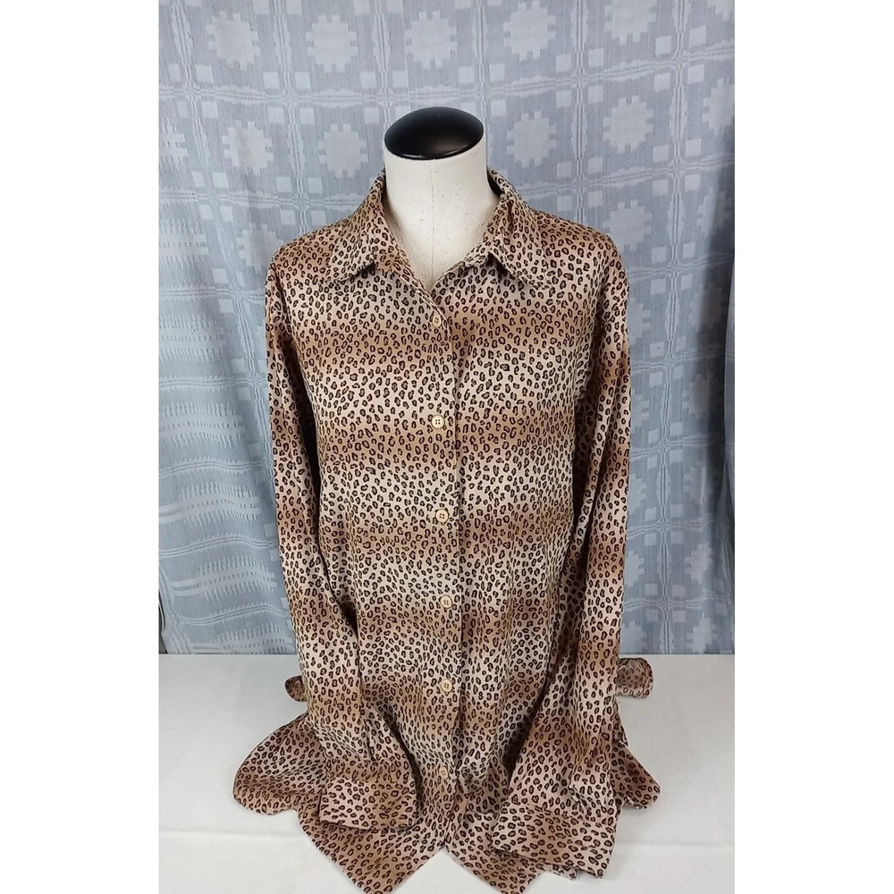 VTG Casual Corner Annex Faux Suede Animal Print Top Women Large Button Up Blouse